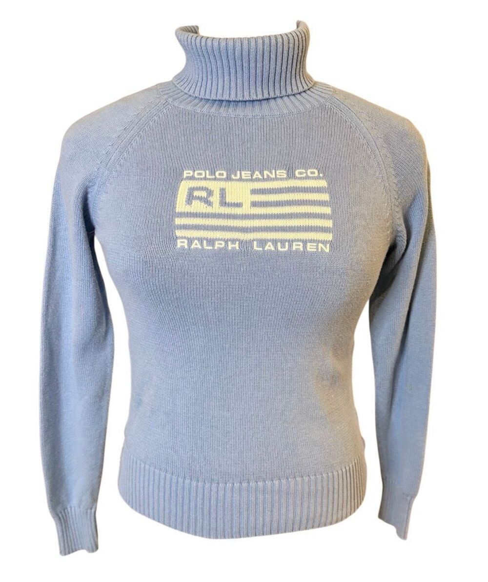 Polo Jeans Co. Iconic Flag Turtleneck Sweater Medium Lt. Blue Vintage Y2K